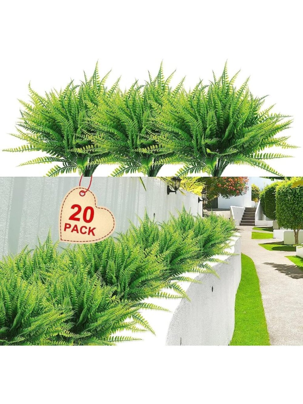 20-Pack UV Resistant Faux Boston Fern Plants - Lush Greenery for Home & Garden
